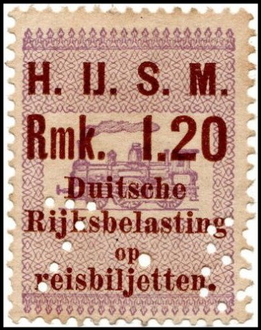 Netherlands Hollandse IJzeren Spoorweg-Maatschappij (H.IJ.S.M.) German Ticket Tax Fahrkartenstempel